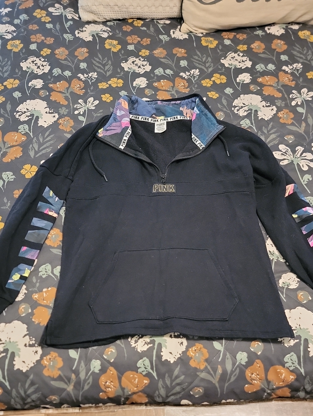 Victoria's Secret PINK Black Quarter-Zip Pullover with Multicolor Trim